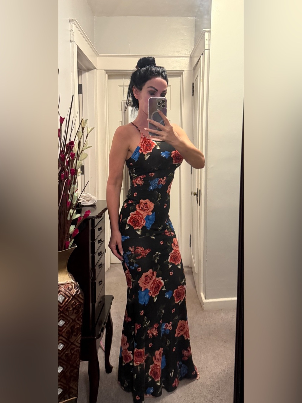 Source Unknown Black Maxi Dress with Red Rose and Blue Floral Print
